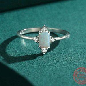 NEW S925 Sterling Silver Opal Rectangle Ring, Size 7